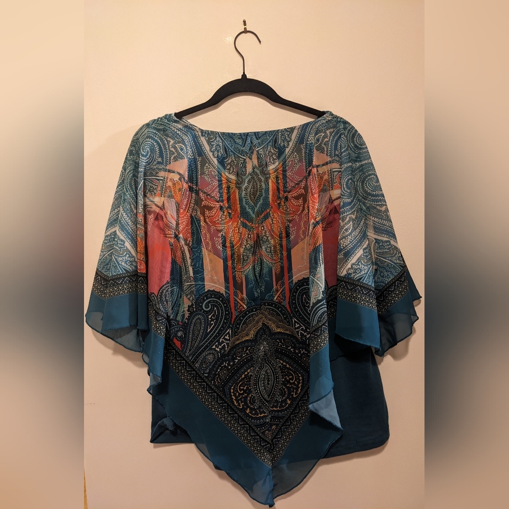 B.L.E.U. Teal Chiffon Scarf Handkerchief Overlay Paisley Print Tank Top sz L - Picture 7 of 11